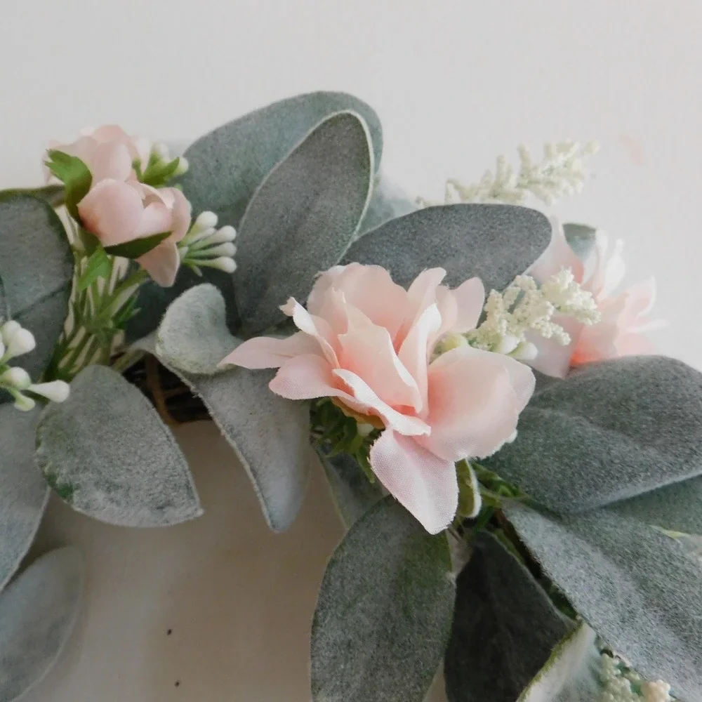 Artificial Lambs‎ Ear Wreath with pink Camilla 13 Inch Diameter Candle Ring